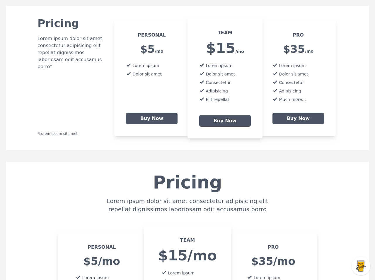 Pricing Table Wireframes