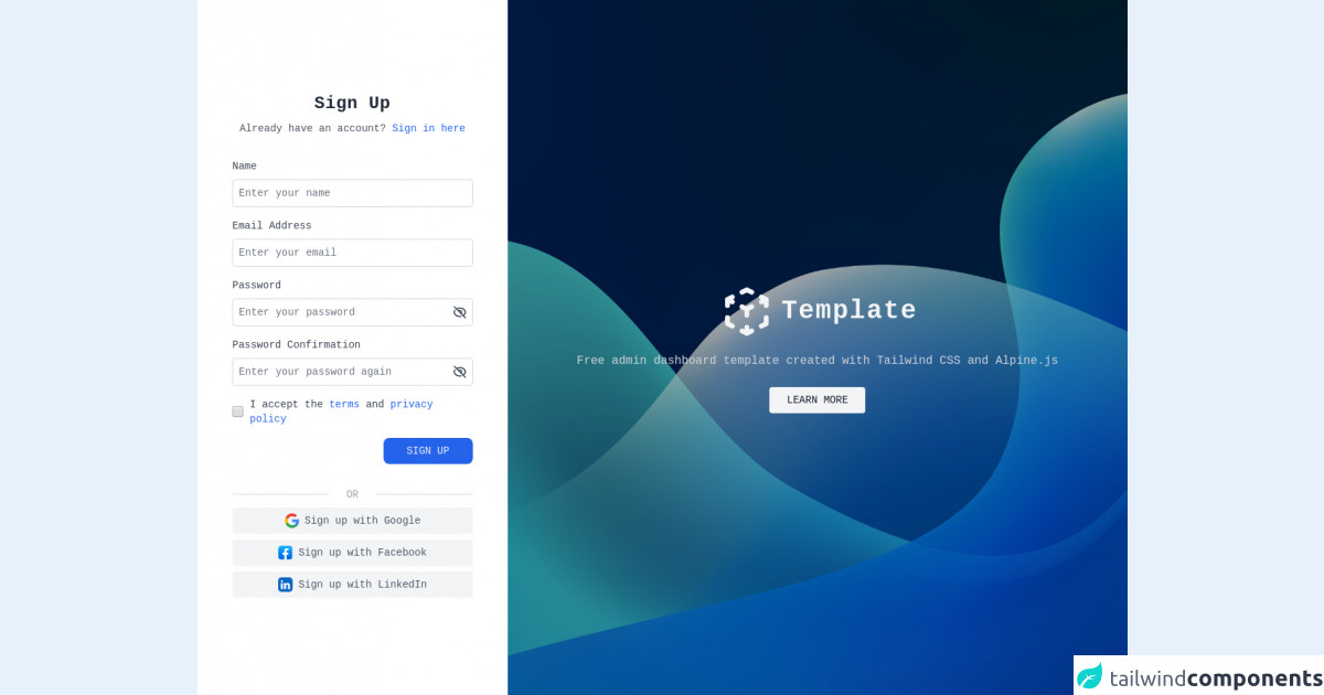 Tailwind CSS & Alpine.js Sign up full page