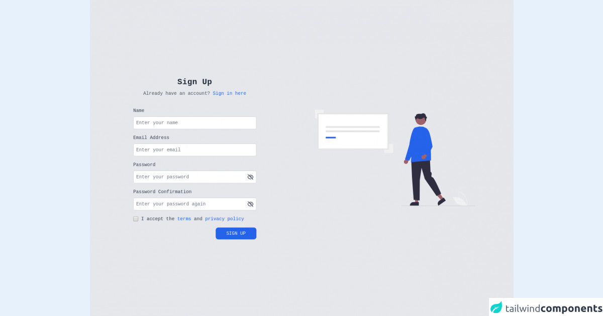 Tailwind CSS & Alpine.js Sign up with illustration